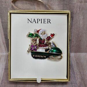 Napier Brooch Santa On Snowmobile Jewelry Christmas NEW